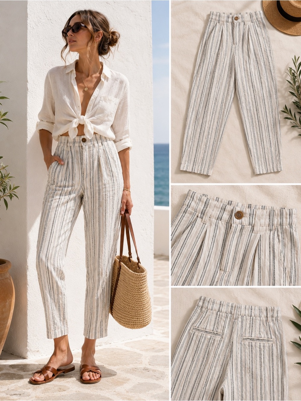 Madewell Linen Blend Striped Tapered Ankle Pants Size 00 High Rise Summer